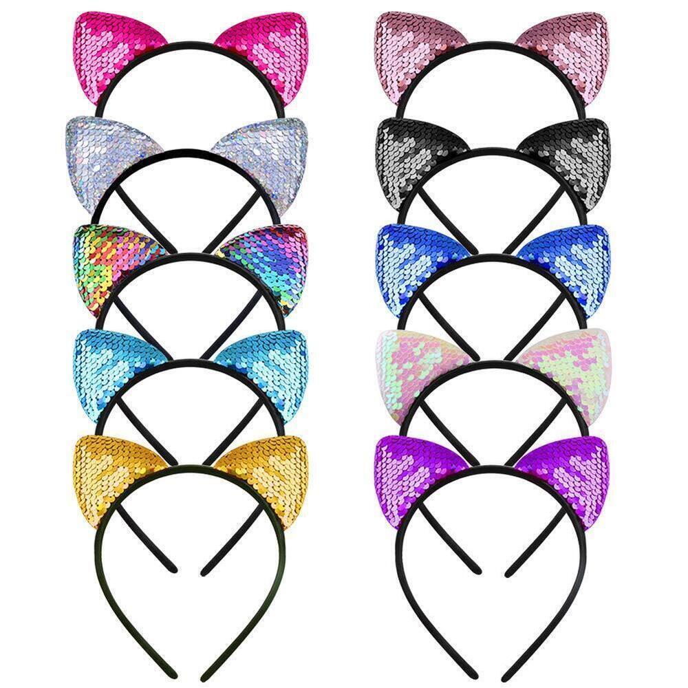 9290 10 Pieces Cat Ears Headbands Reversible Sequins Headbands Hair